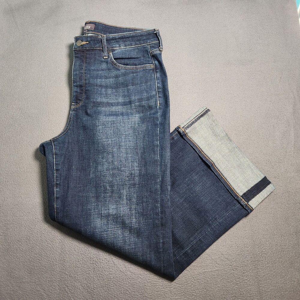 NYDJ Women 12 Dark Wash Teresa Wide Leg Cuffed Jeans Lift Tuck Technology